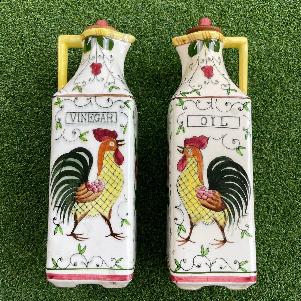 Vintage Ucagco Rooster and Roses Ceramic Oil and Vinegar Cruets